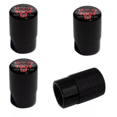 4 Black Billet Knurled Tire Wheel Valve Caps Car Truck FLAME PUNISH SKULL BK