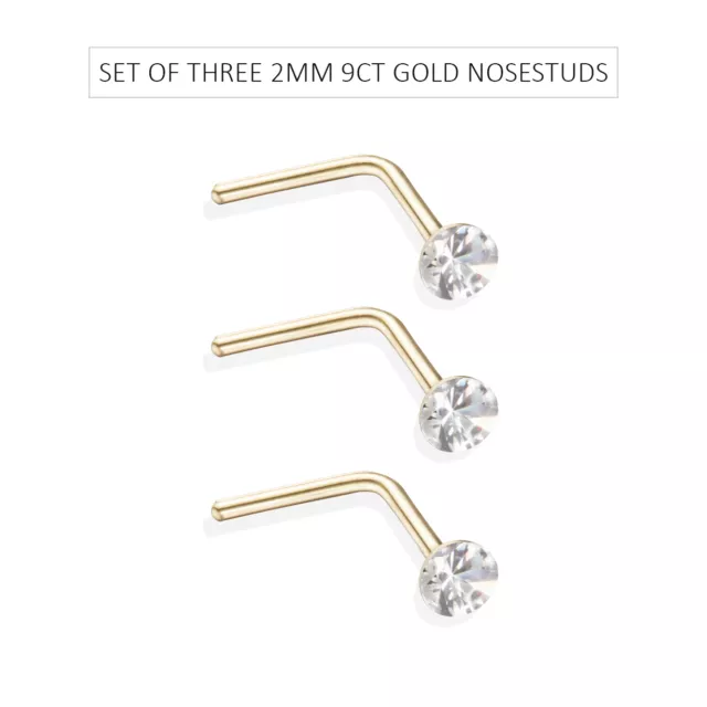 Set di tre 9ct oro giallo 2mm rotondo cristallo piercing per il naso/