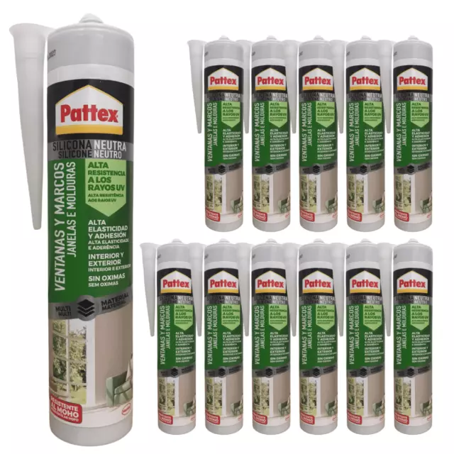 Pattex Silicone Neutre pour Vitres, Portes & Mur 12 X 280ml Gris Mastic