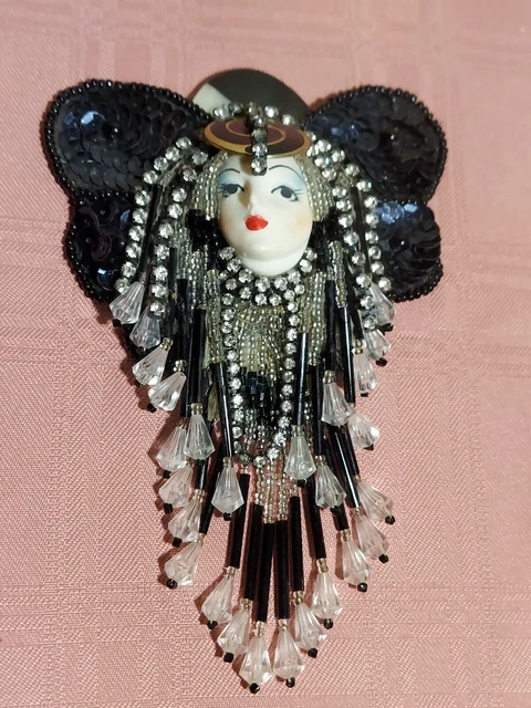 Vintage One of a Kind Signed J. Bee Hand Painted Porcelain Face Brooch Large