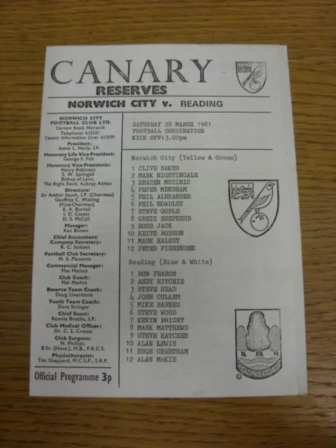 28/03/1981 Norwich City Reserves v Reading Reserves  (4 Pages). Any faults with