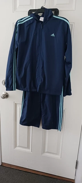 Vintage 90s Adidas  Hooded Track Suit Blue with Light blue side stripes - Large