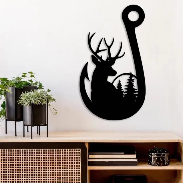 Wall Art Home Decor Metal Acrylic 3D Silhouette Poster USA Deer Fishing Hook