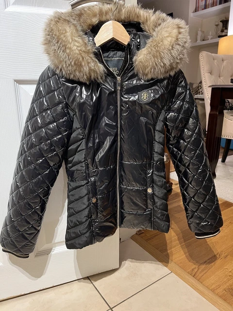 RIVER ISLAND BLACK  FUR TRIM HOODED PADDED COAT AGE 11-12 Excellent Cond