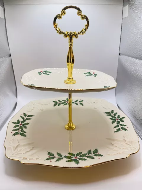 Lenox Holiday 2 Tier Square Serving Tray Gold Handle NIB