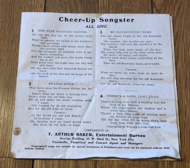 Antique T Arthur Baker Vaudeville Theatrical Concert Agent Ny Cheer Up Songster