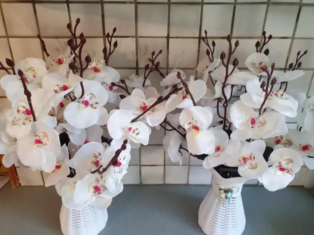 Pair of artificial large bunch white orchid flower & vases Decorations