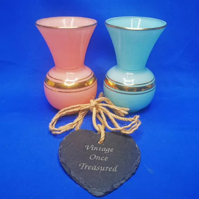 2 x OPAL GLASS VASES Pink Turquoise Gold (15cm) * Vintage French Art Nouveau GC