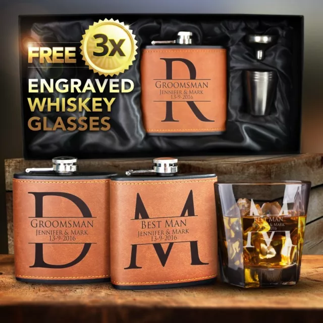 3x Engraved Hip Flask Gift Personalised Wedding Groomsman Black LEATHER ETTE