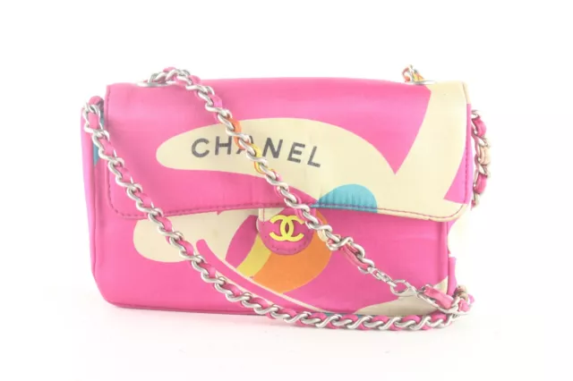 CHANEL CC Fringe Chain Shoulder Bag Satin Canvas Pink Italy Vintage  696JG858