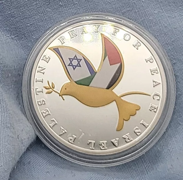 Israel Palestine Silver Gold Coin Dove of Peace Flag Wings Gaza Strip Attack USA 2