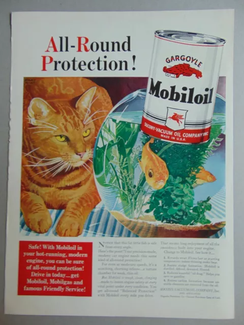 1940 MOBILOIL Gargoyle Cat Watches Fish Bowl vintage art print ad