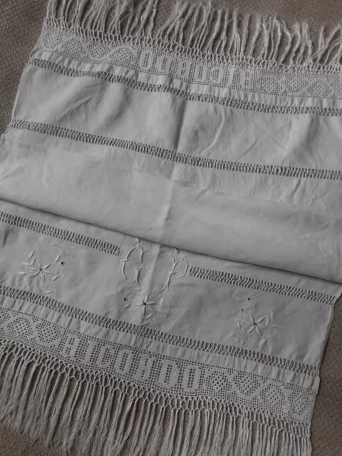 Antique Hand Tea Towel Linen Monogram Hemstitched Off White Fringe Lace Floral