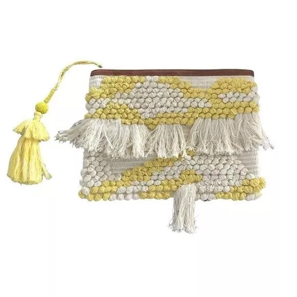 Yellow Embroidered Woven Clutch