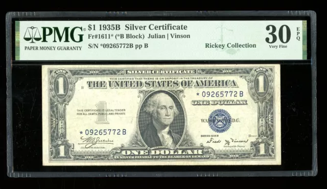 DBR $1 1935-B Silver Vinson STAR Fr. 1611* PMG 30 EPQ Serial *09265772B