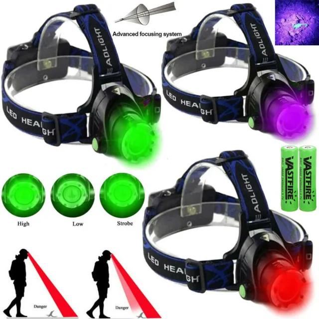 Zoom UV/Grün/Rot Licht LED Stirnlampe Scheinwerfer Nachtsicht Jagdlampe Headlamp