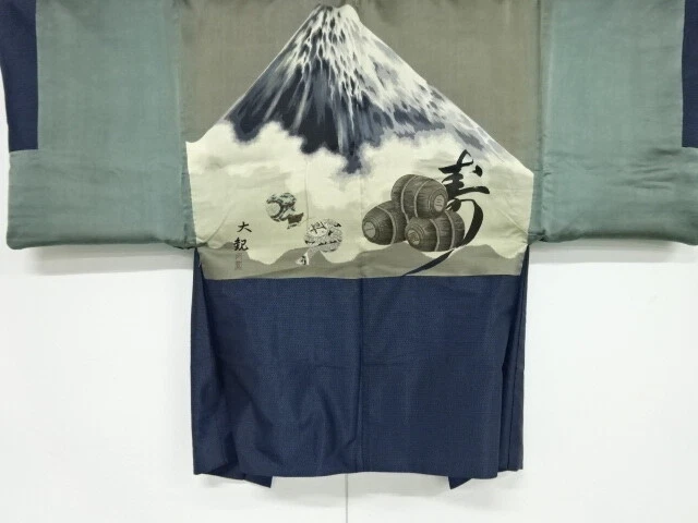 41001# Japanese Kimono / Antique Mens Haori / Mt. Fuji & Treasures