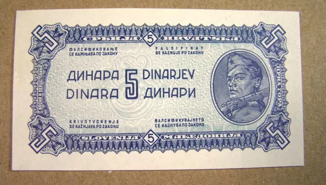 Yugoslavia 5 Dinara Banknote 1944, P-49b Crisp UNC, thin security thread