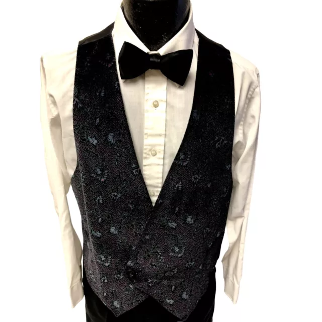 TFW Men's Black VELVET Purple BAROQUE Floral FORMAL Double Breasted Tux Vest 40