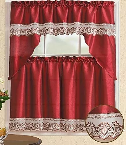 Home 3 Piece Kitchen Curtain Linen Set 2 Tiers and 1 Swag Valance W/Multi Color.
