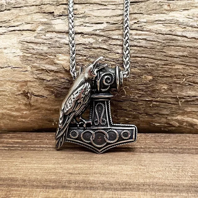 Collier pendentif  Marteau de Thor et   Corbeau en Acier Inoxydable Idéal Cadeau 2