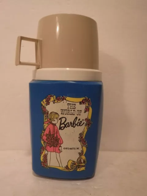 Vintage 1973 World Of Barbie Thermos Collectible Thermos Blue W/Tan Cup Plastic