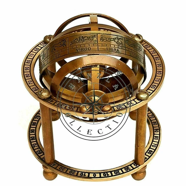 Sphère Armillaire En Laiton Vintage - Décoration Table Pirate/science, 45cm, Base Bois