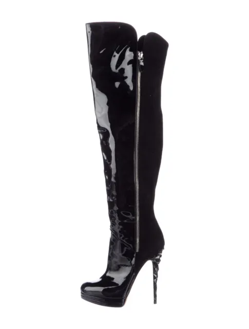 CASADEI Black Patent Leather Knee-High Boots Size 8.5 Very Good Condition