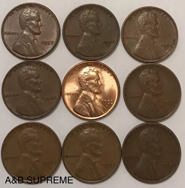 Lincoln Wheat Cent Penny Bu Uncirculated & Circulated (9) Coins Per Lot