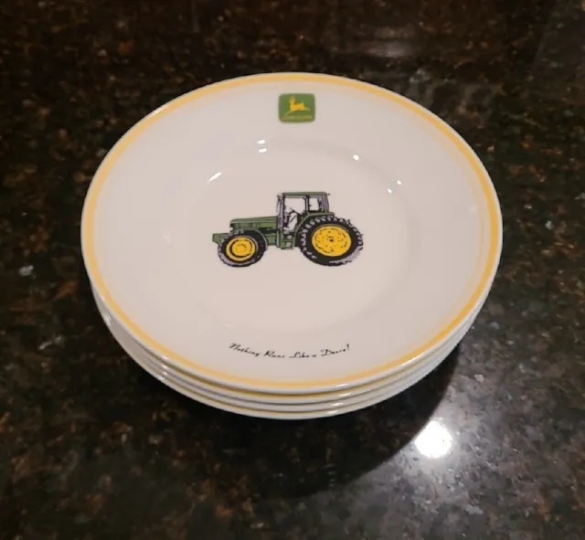 SET OF 4 John Deere, Gibson Tractor 9" Dessert Salad Plates. White, Yellow Trim