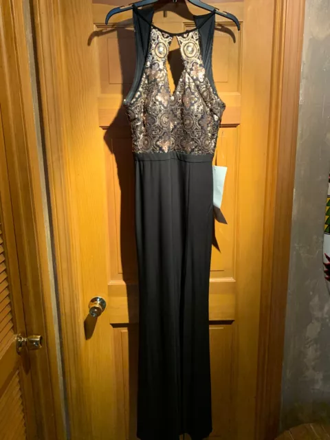 Women’s Night Way Collections Black/Gold Halter Sequin Maxi Dress-size 8