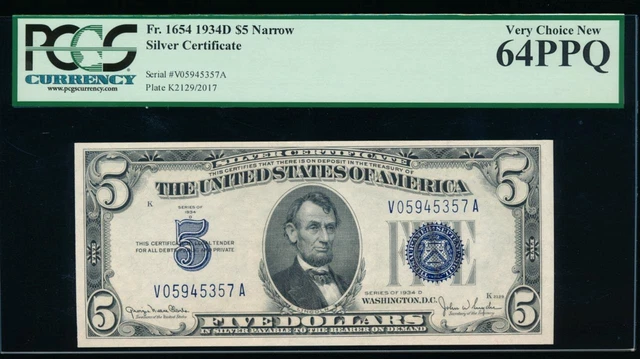 AC 1934D $5 Silver Certificate PCGS 64 PPQ V-A block Wide I Face Fr 1654 !!!
