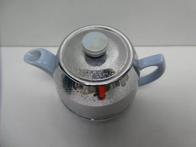 Art Deco Blue Pottery Heatmaster Pottery Milk Jug Chrome Metal Cover- Teapot Set 2