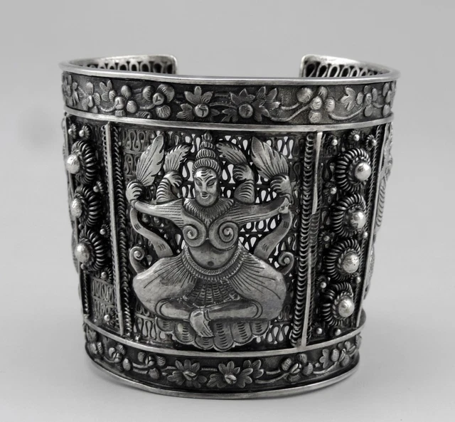 Bracelet Manchette En Argent Massif Filigrané - Style Cambodge/Indochine, 80 Grammes