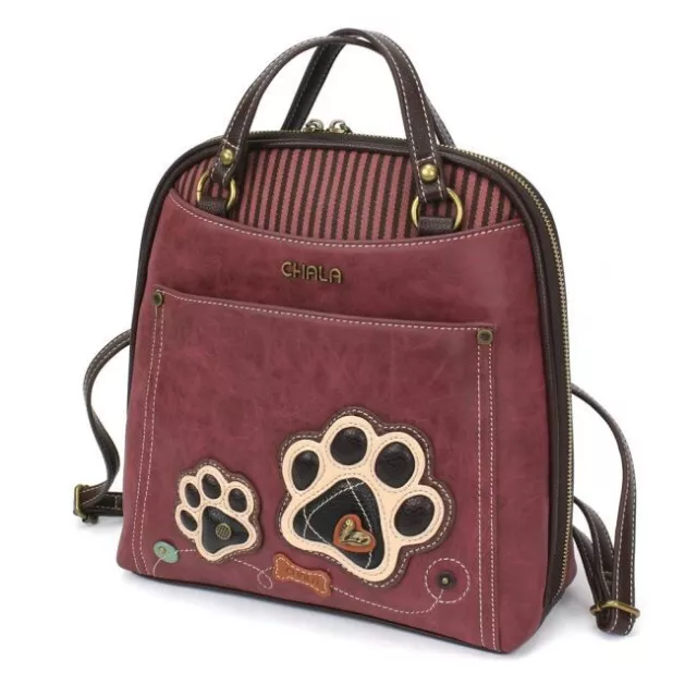 NEW Chala CONVERTIBLE Backpack Purse Shoulder Tote Bag PAW PRINT Burgundy Red