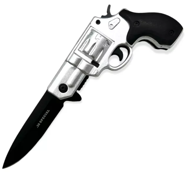 8" Silver Tactical Assisted Spring HAND GUN Pistol REVOLVER Folding Pocket Knife