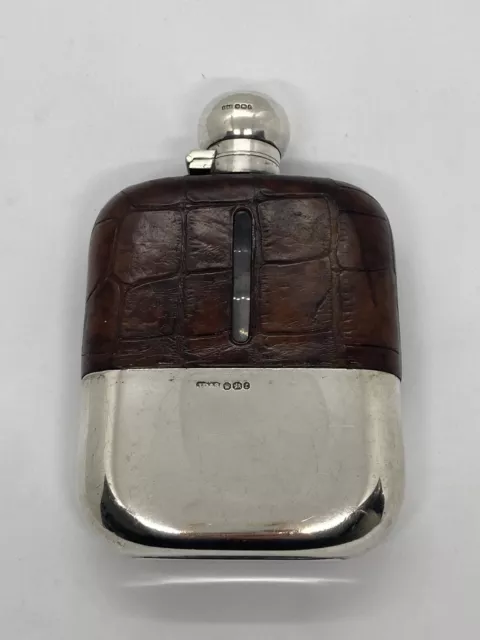 Antique 1895 James Dixon & Sons Sterling Silver Crocodile Skin Hip Flask 498g