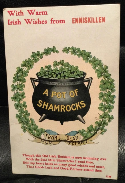 Irish Novelty Postcard WARM WISHES ENNISKILLEN N Ireland Pot Shamrocks 12 Views