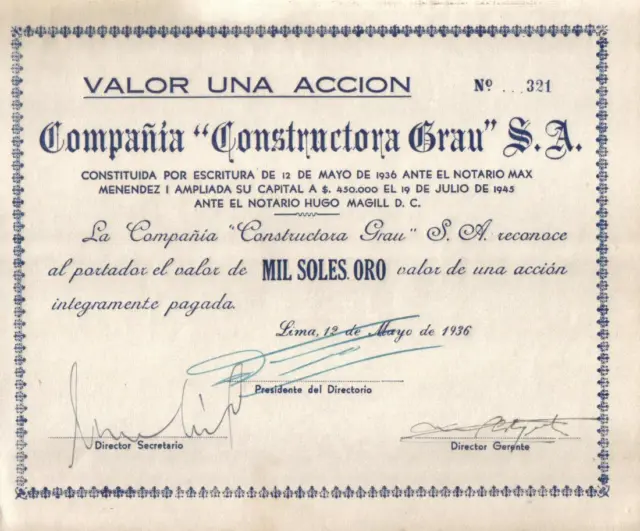 Original Peru 1936 Construction Company Constructora Grau 1000 soles Uncancelled