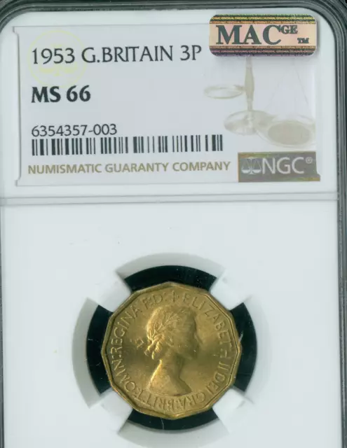 1953 Great Britain 3 Pence Ngc Ms66 Pq 2Nd Finest Grade Mac Spotless Rare *