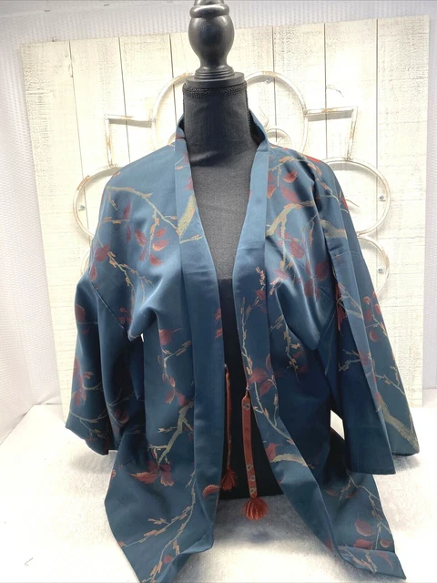 Handmade Kimono Japanese Style Jacket Lined with Silk.. Teal Blue Floral Read