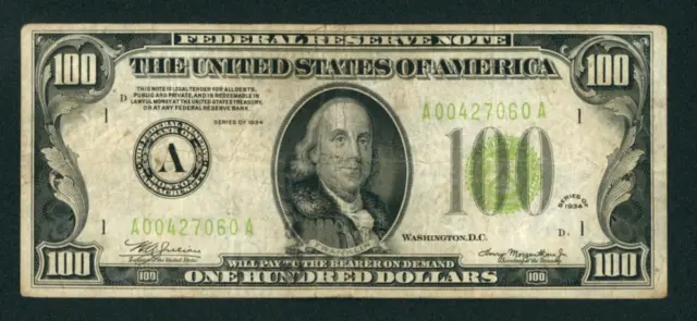 $100 1934 LGS LIME ((LIGHT GREEN SEAL)) Federal Reserve Note DAILY CURRENCY 2