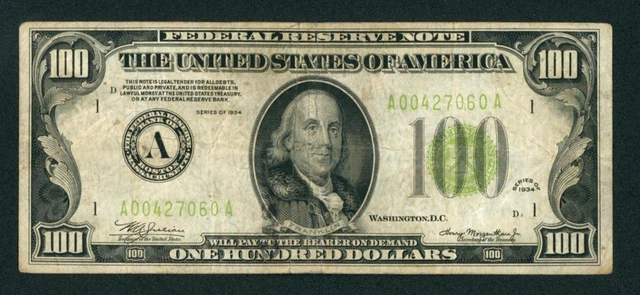 $100 1934 LGS LIME ((LIGHT GREEN SEAL)) Federal Reserve Note DAILY CURRENCY 2