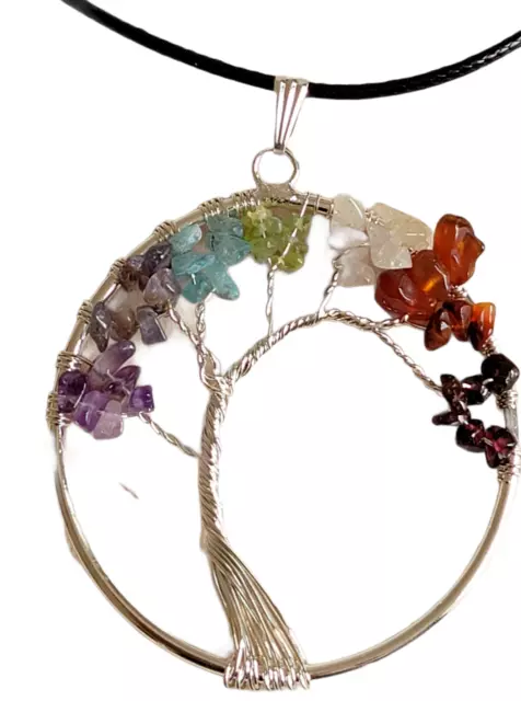 7 Chakra Genuine Gemstone Large Tree of Life Circle Pendant Healing Necklace
