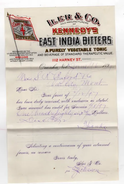 NICE Kennedy's East India Bitters Color letterhead, Omaha, Nebraska, 1891
