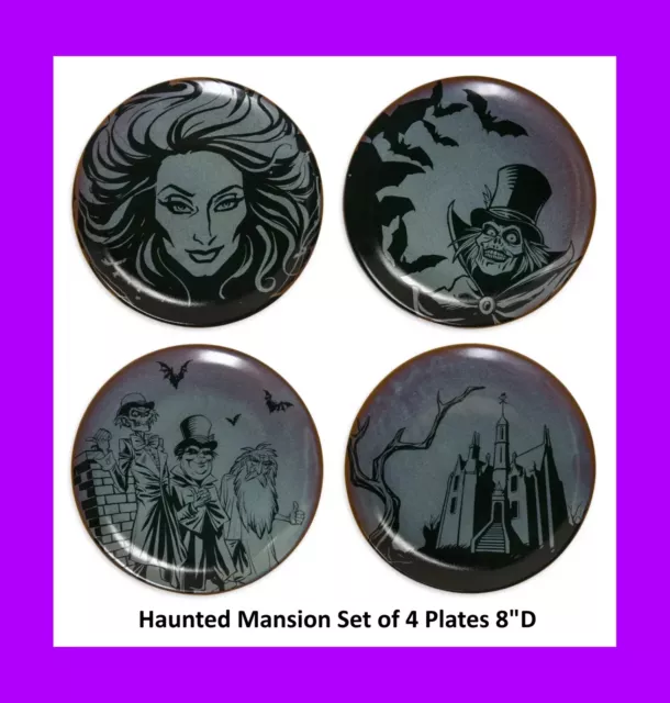 🌴 Disney Parks Haunted Mansion 4 Plate Set Madame Leota Hatbox Ghost 8in NEW