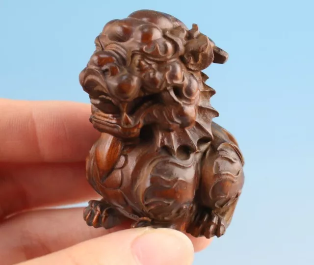 S chinese boxwood hand carved favorite kirin Figure statue netsuke collectable