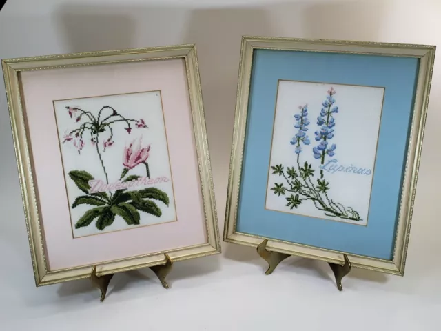 Lot of 2 Finished Completed Cross Stitch Botanical Flowers Framed Cottage Core