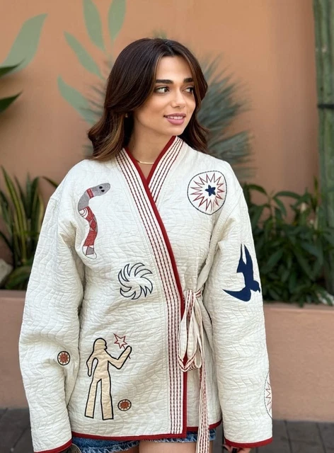 ZARA QUILTED KIMONO Jacket With Embroidery Beige White Size S M L 7521 809 New 49.95 PicClick UK