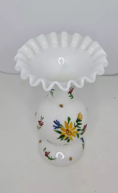 Vintage Consolidated Glass Milk Glass Con-Cora Ruffled Vase; Hand Painted 2